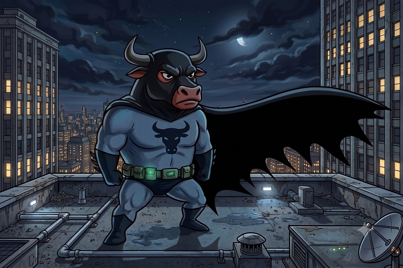 Bullman on a rain-soaked rooftop